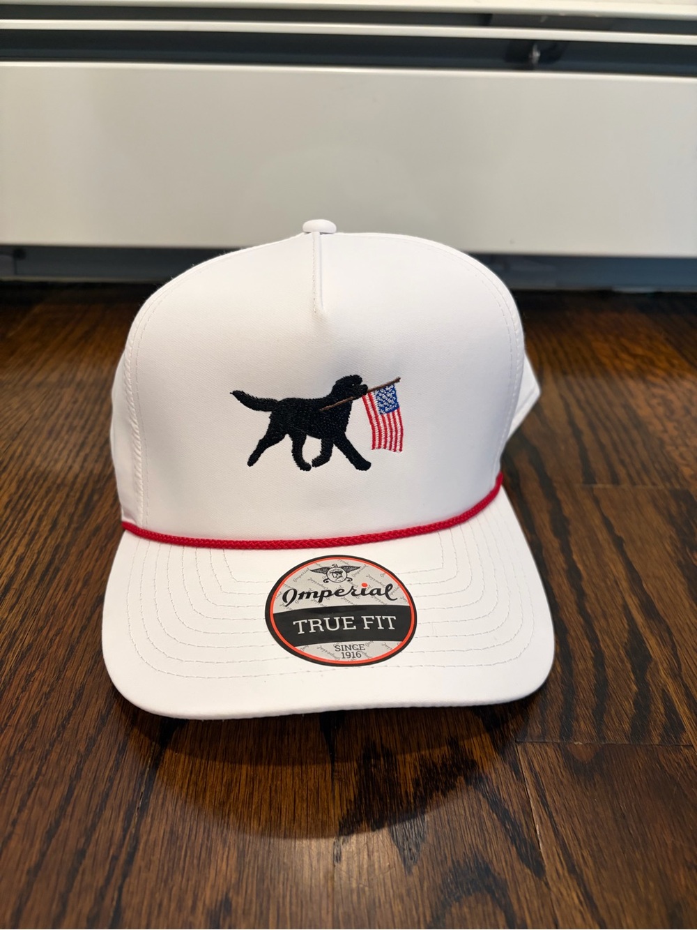 White Dog Embroidered Trucker Cap with Red Trim